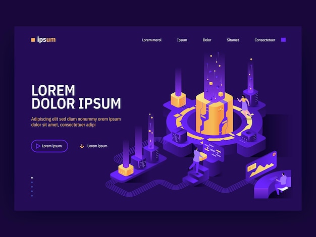 Vector vector landing page of isometric tech concept teamwork on project manager works on strategy operator analyzes statistical data developer makes new product character illustration of banner