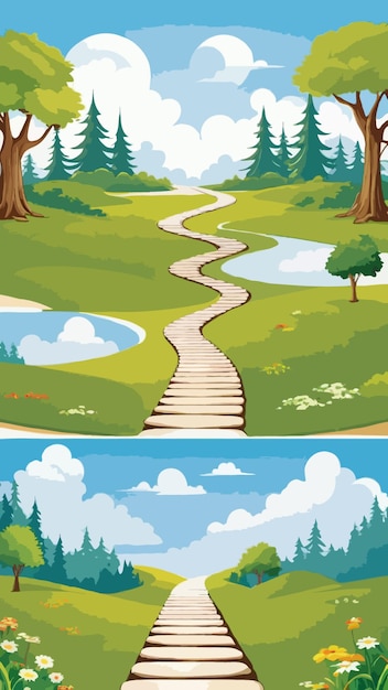 Vector vector of a landscape with a path that goes through the woods