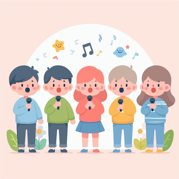 Vector little children singing happily cartoon characters