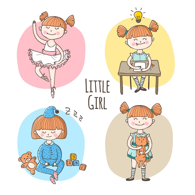 Vector little girl in different situation