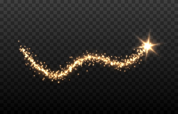 Vector magic dust trail png. Gold dust, golden light on an isolated transparent background.