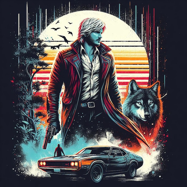 vector a man in a leather jacket holding a gun with wolf colorful background