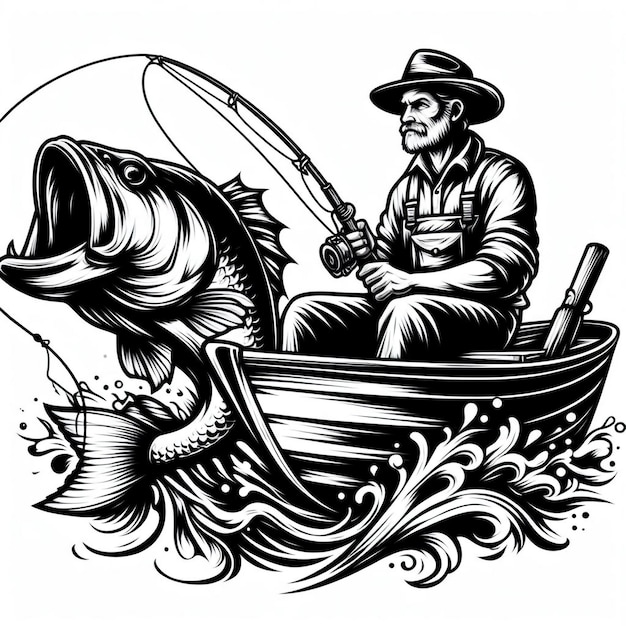 Vector a man sitting in a boat with a fish