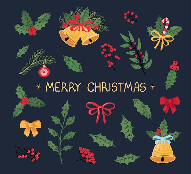 Vector modern colorful set with hand drawn doodle illustrations of christmas objects and lettering