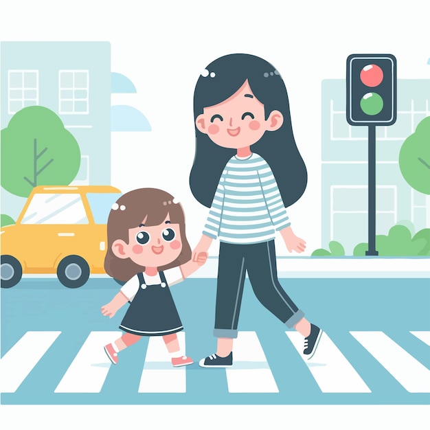 Vector vector mother and child are crossing the road