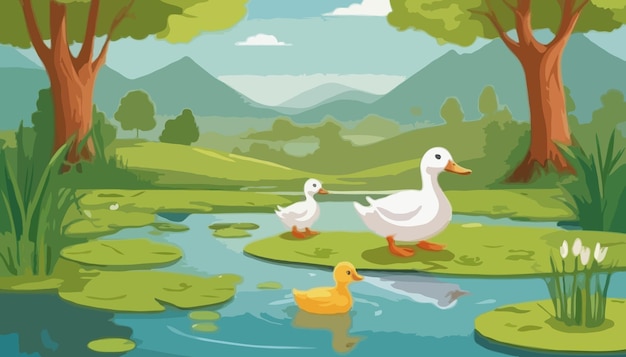 Vector vector natural scene with cartoon ducks