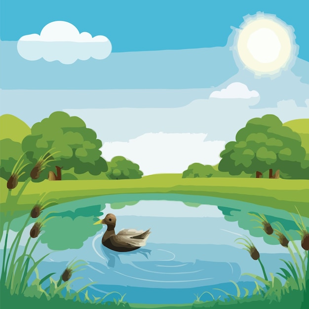 Vector vector natural scene with cartoon ducks