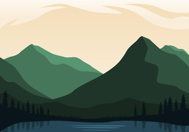 Vector nature landscape with river hills and forest view