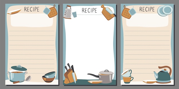 Vector vector notepad template with recipes kitchen recipe book in a simple style with illustrations