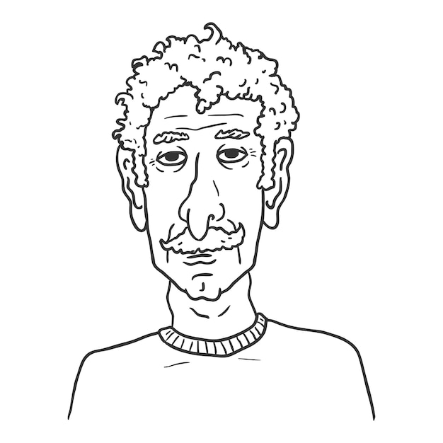 Vector Outline Character - Old Man with Curly Hair and Moustache. Male Retired Person Portrait.