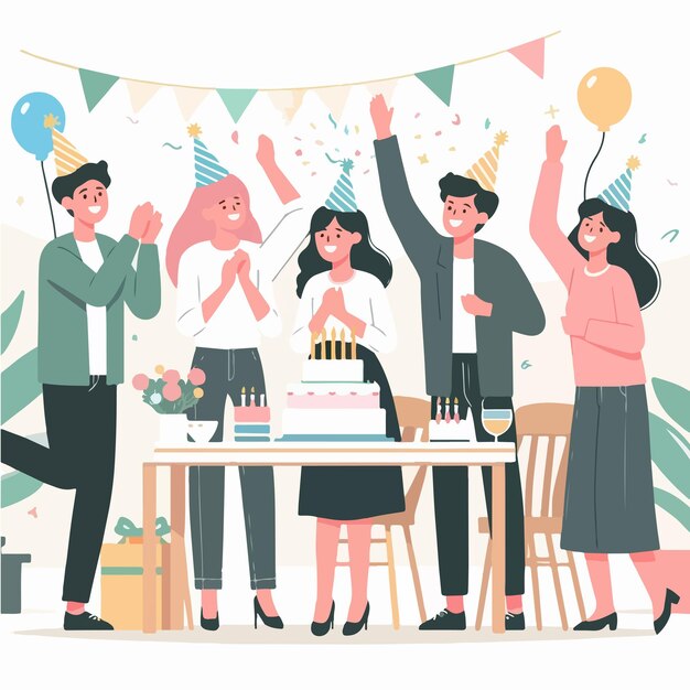 Vector vector of people celebrating birthday party with a simple and minimalist flat design style