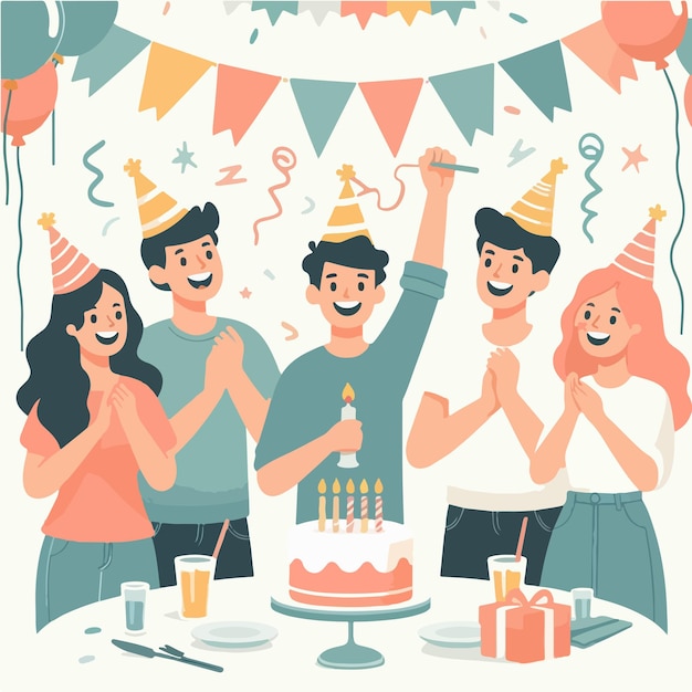 Vector vector of people celebrating birthday party with a simple and minimalist flat design style