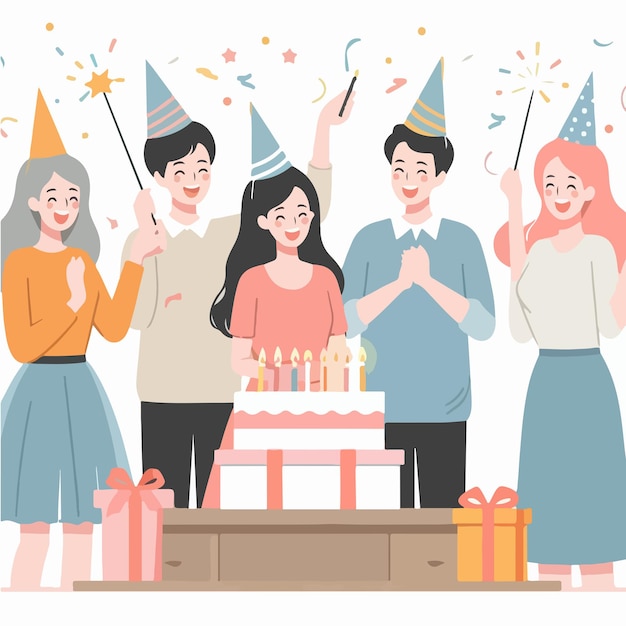 Vector vector of people celebrating birthday party with a simple and minimalist flat design style