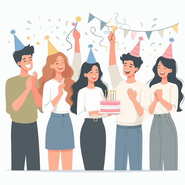 Vector vector of people celebrating birthday party with a simple and minimalist flat design style