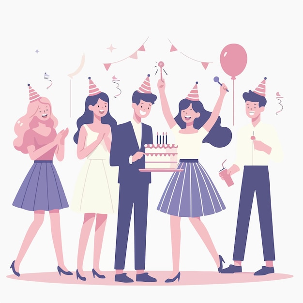 Vector vector of people celebrating birthday party with a simple and minimalist flat design style