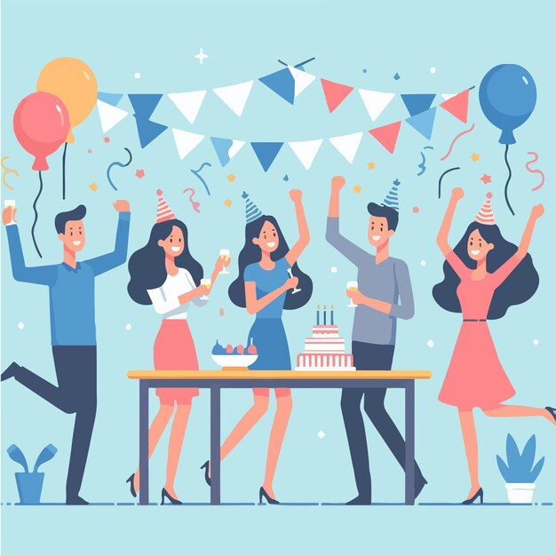 Vector vector of people celebrating birthday party with a simple and minimalist flat design style