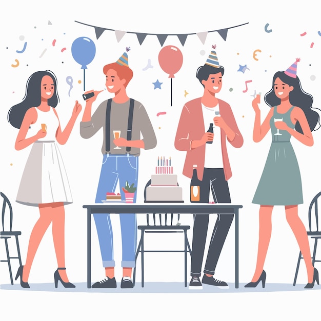 Vector vector of people celebrating birthday party with a simple and minimalist flat design style