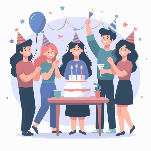 Vector vector of people celebrating birthday party with a simple and minimalist flat design style