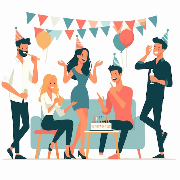 Vector vector of people celebrating birthday party with a simple and minimalist flat design style