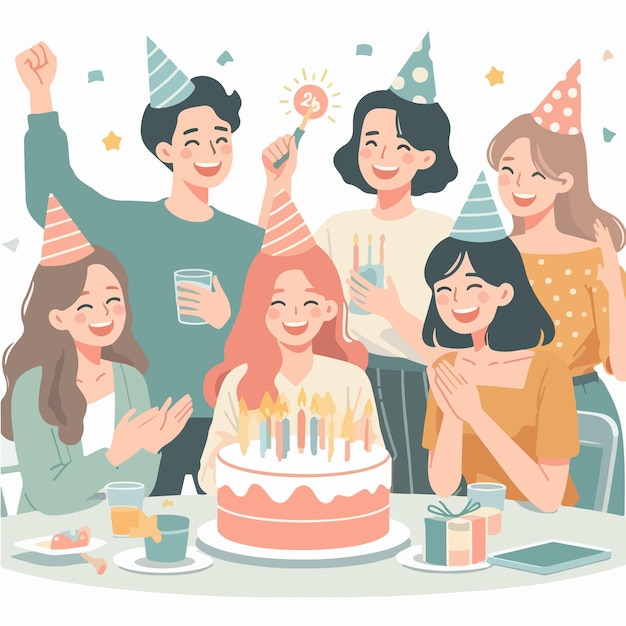 Vector vector of people celebrating birthday party with a simple and minimalist flat design style