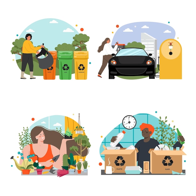 Vector people character sorting garbage flat set