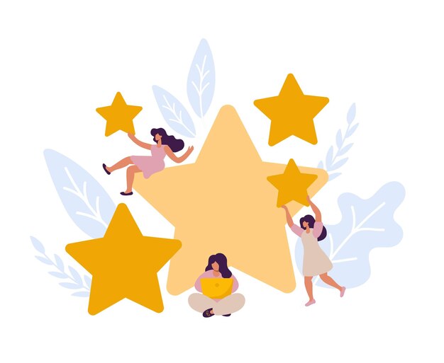 Vector vector people women are holding stars giving five star feedback clients choosing satisfaction rating