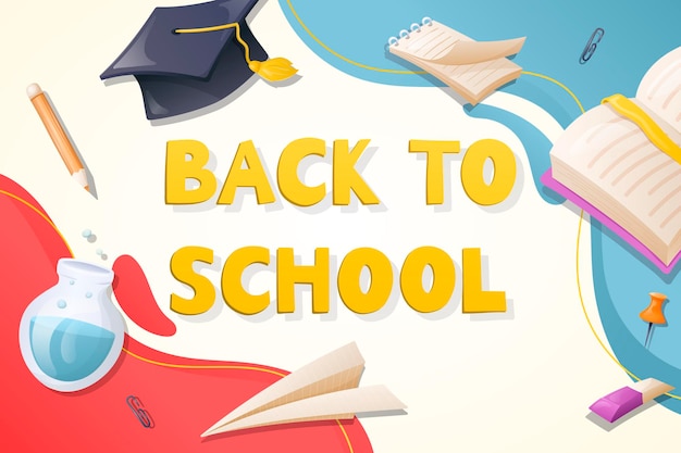 Vector ready-made template with the inscription back to school. Modern advertising banner with stationery and supplies stickers.