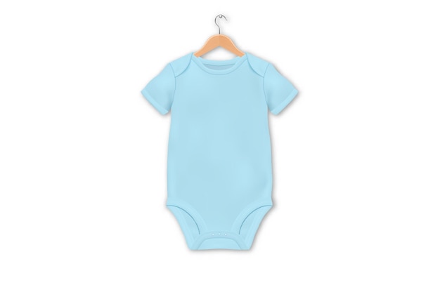 Vector vector realistic blue blank baby bodysuit template on a hanger mockup closeup isolated on white background front side body children baby shirt onesie accessories clothes for newborns top view