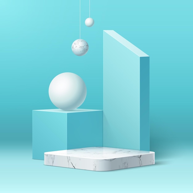 Vector realistic marble podium on abstract geometric shapes background