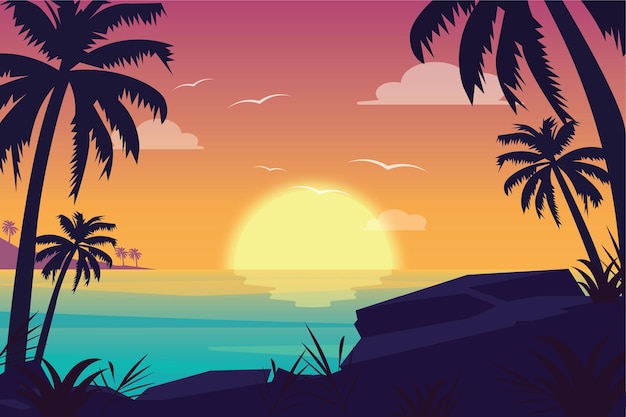 Vector Scenery of Sunset on the Beach