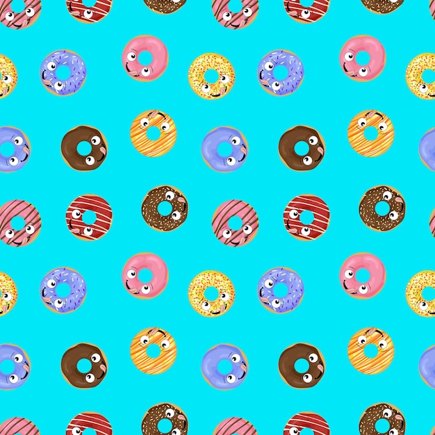 Vector Seamless Pattern Cartoon Donuts with Faces on Bright Colorful Background