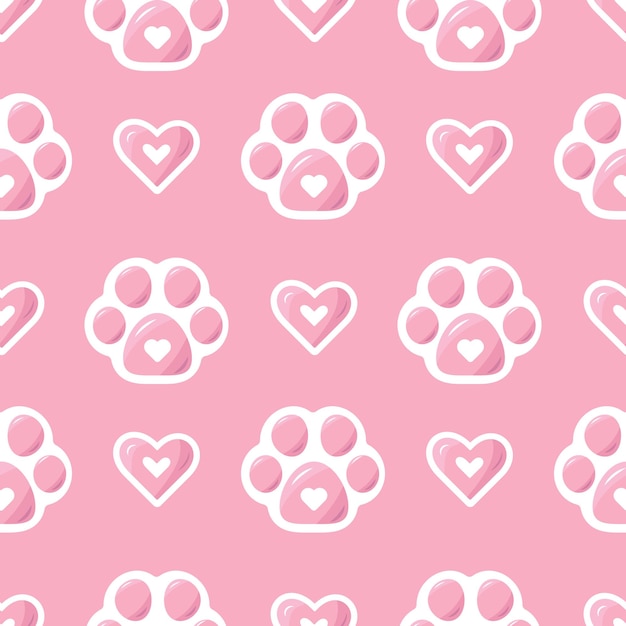 Vector seamless pattern pink paw. Pattern of animals paw repeat background, cat dog paws