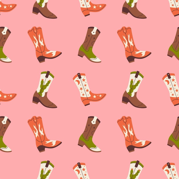 Vector vector seamless pattern with different cowboy boots wild west and texas concept western retro background rodeo print
