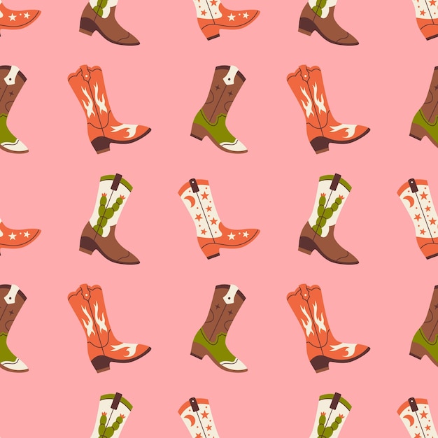 Vector seamless pattern with different cowboy boots Wild west and Texas concept Western retro background Rodeo print