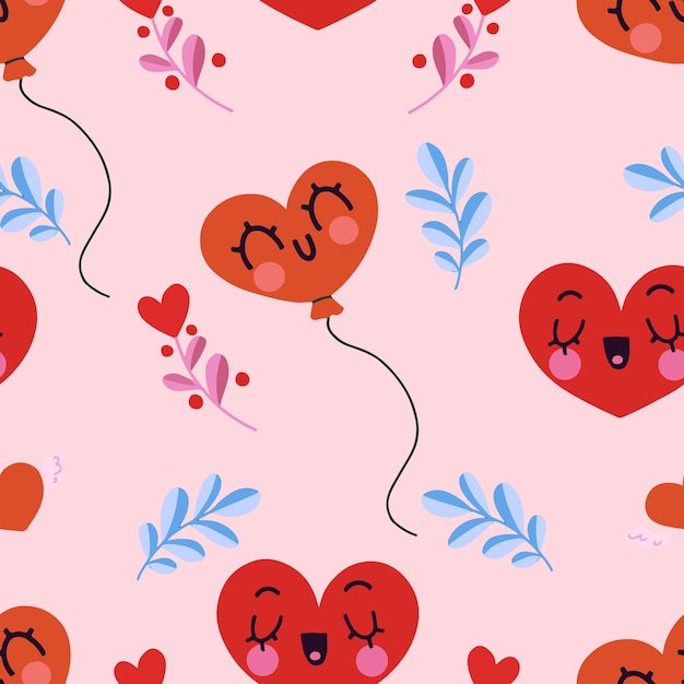 Vector seamless pattern with hearts, balloon, flowers for Valentine's Day.