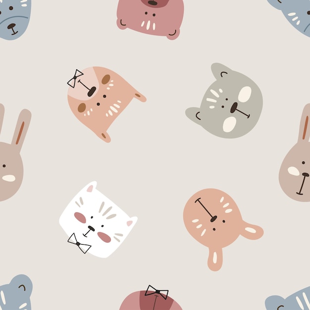 Vector seamless repeating cute childish pattern with hand drawn bears rabbits and cat