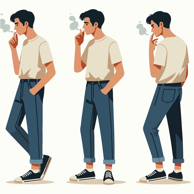 Vector vector set of 3 smoking people characters with flat design style