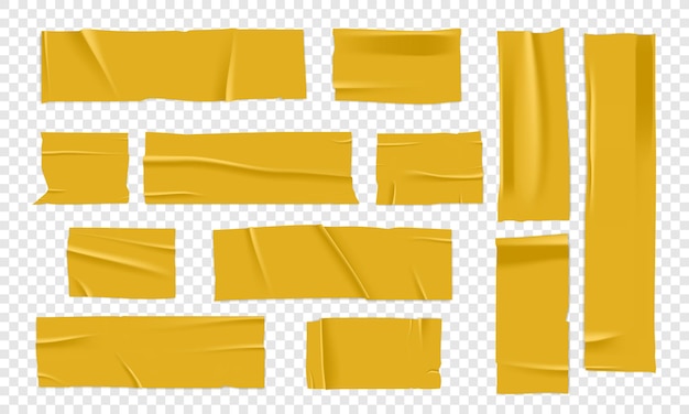 Vector vector set of 3d realistic yellow adhesive tape torn pieces of masking tape isolated