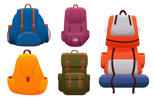 Vector set of beautiful backpacks for sports leisure travel and school