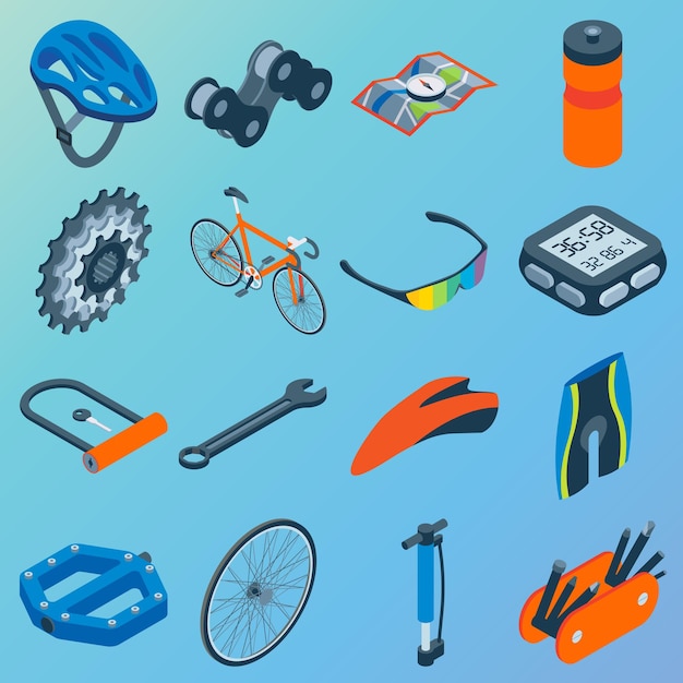 Vector vector set of bicycle parts isolated isometric icons bicycle objects and design elements bike repair...