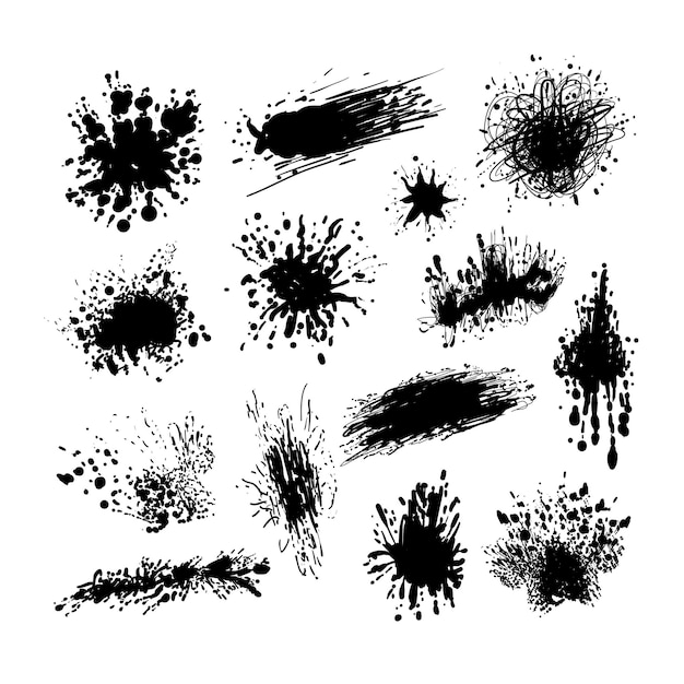 Vector set of black ink splashes paint splatters isolated on white background flat