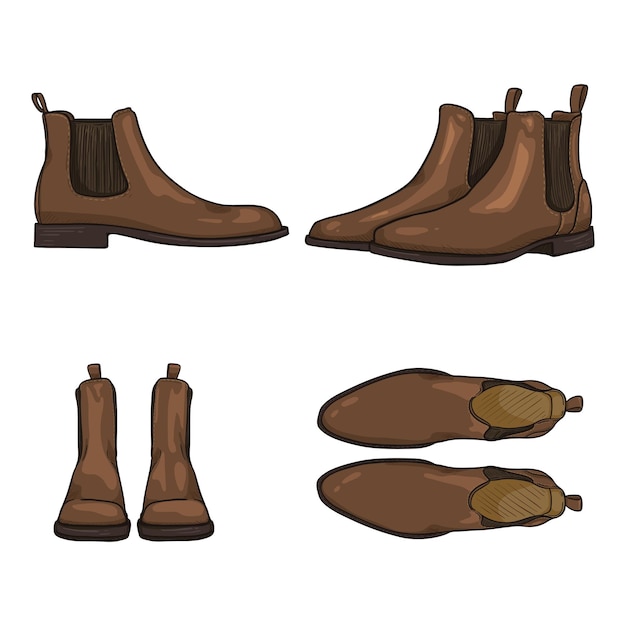 Vector Set of Cartoon Brown Suede Classic Shoes Chelsea Boots Different Views