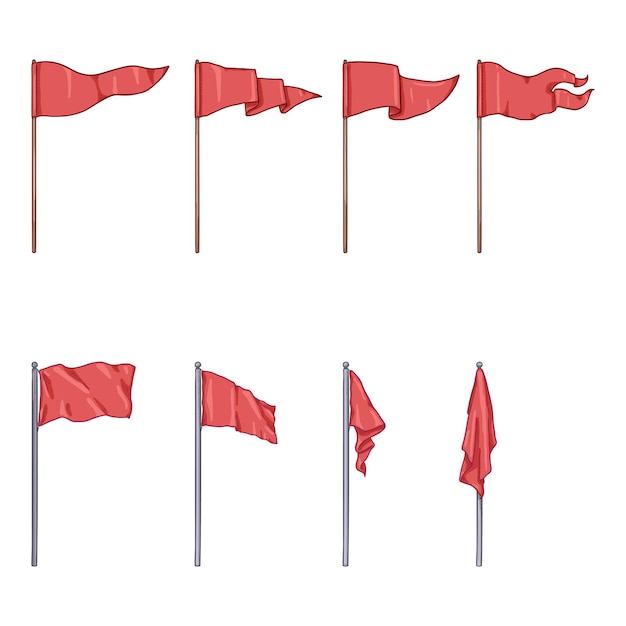 Vector Set of Cartoon Red Flags on Flagpoles