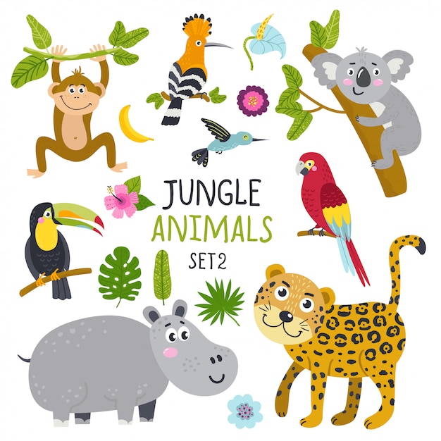 Vector vector set of cute animals from jungle and plants