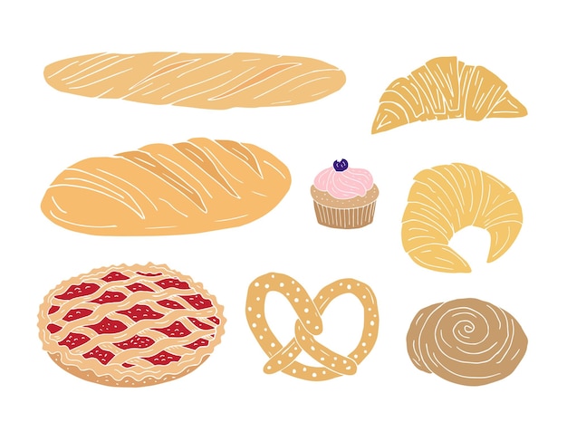 Vector set of hand drawn bakery bread and buns