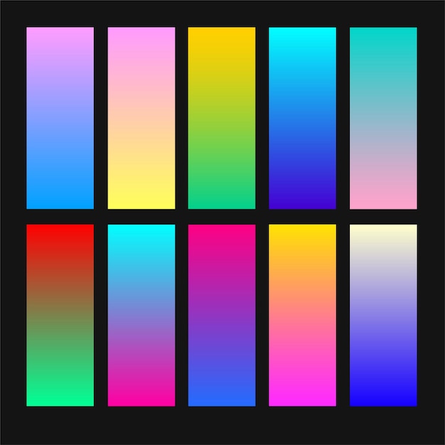 Vector set of holographic gradient samples. Different neon gradients. Colorful template.