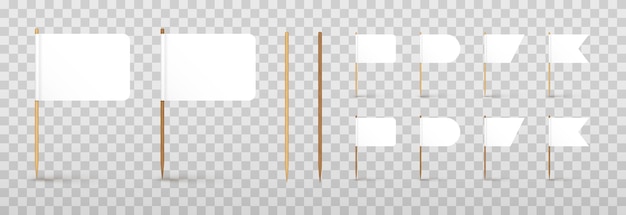 Vector set of realistic toothpicks png. Toothpicks with a white flag png. Flags on a wooden stick.
