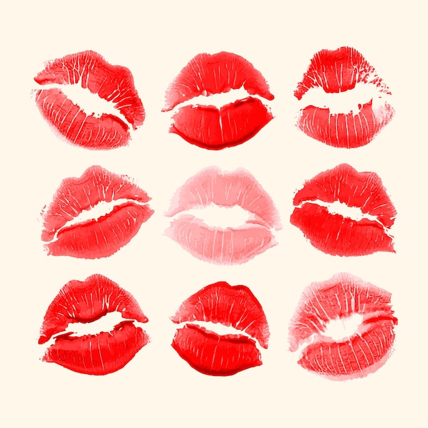 Vector set of red kiss imprints