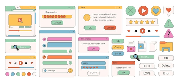 Vector vector set of retro stickers and windows. 90s interface digital. for social networks.