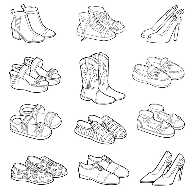 Vector set of shoes colorless collection of cartoon clothes and accessories